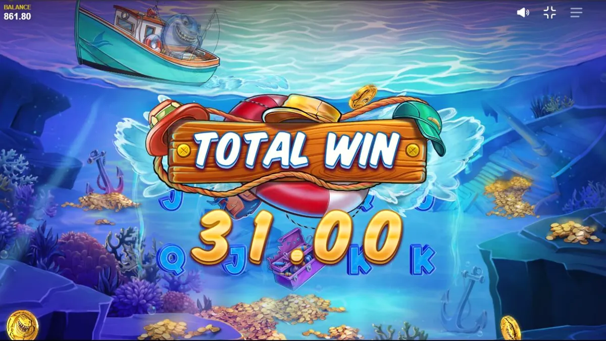 Shark Boss স্লট গেমের দৃশ্য যেখানে হাঙর নৌকায় বসে মাছ ধরছে